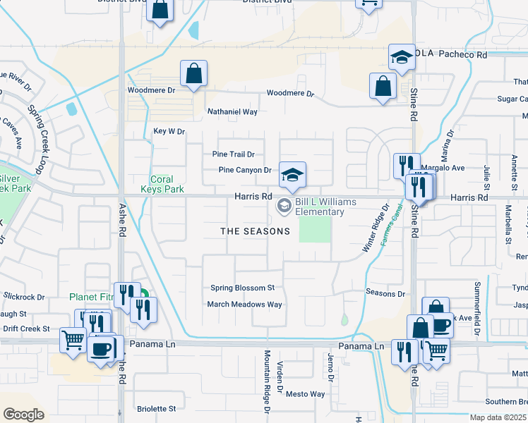 map of restaurants, bars, coffee shops, grocery stores, and more near 5701 Clear Valley Court in Bakersfield