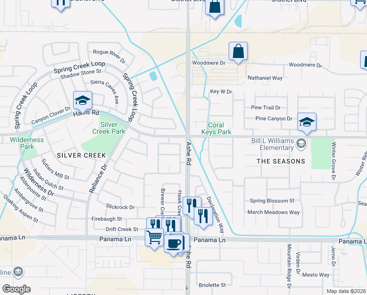 map of restaurants, bars, coffee shops, grocery stores, and more near 5708 Bridge Creek Avenue in Bakersfield