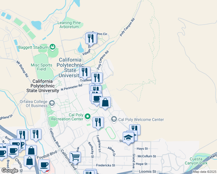 map of restaurants, bars, coffee shops, grocery stores, and more near Mountain Ln in San Luis Obispo