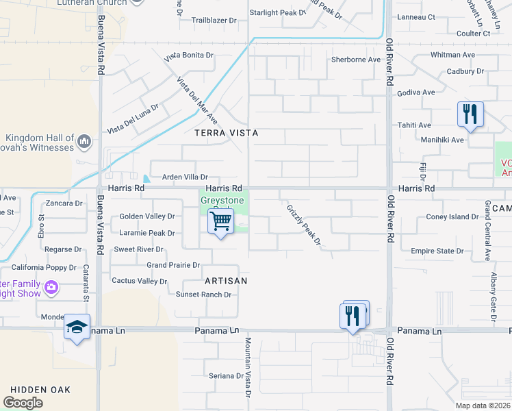 map of restaurants, bars, coffee shops, grocery stores, and more near 10413 Sirretta Peak Place in Bakersfield