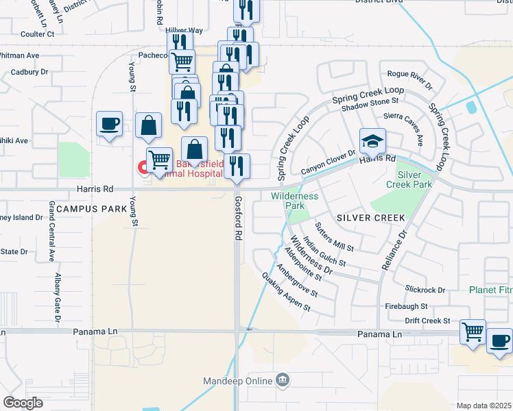 map of restaurants, bars, coffee shops, grocery stores, and more near 7921 Coulter Pine Court in Bakersfield