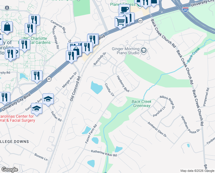 map of restaurants, bars, coffee shops, grocery stores, and more near Conifer Circle in Charlotte