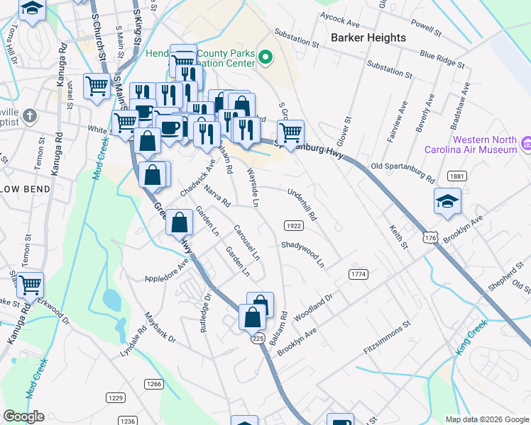 map of restaurants, bars, coffee shops, grocery stores, and more near 305 Balsam Road in Hendersonville