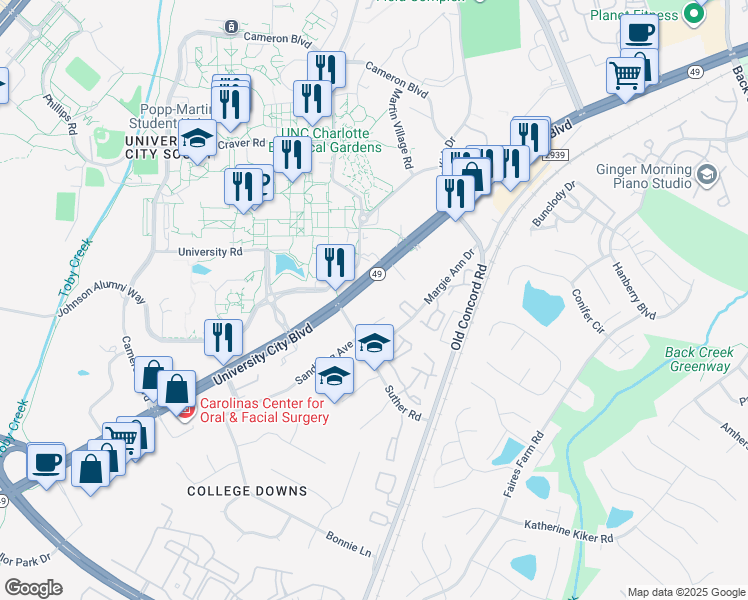 map of restaurants, bars, coffee shops, grocery stores, and more near 9200 University City Boulevard in Charlotte