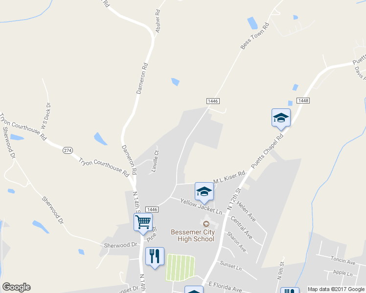 map of restaurants, bars, coffee shops, grocery stores, and more near 439 Bess Town Road in Bessemer City