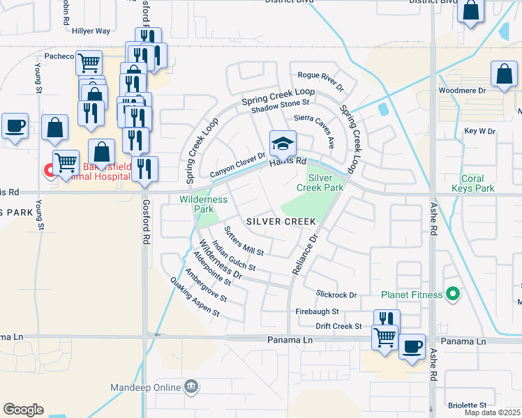 map of restaurants, bars, coffee shops, grocery stores, and more near 7412 Chinese Mountain Way in Bakersfield