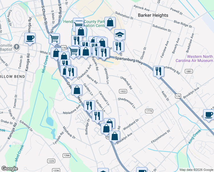 map of restaurants, bars, coffee shops, grocery stores, and more near 305 Balsam Road in Hendersonville