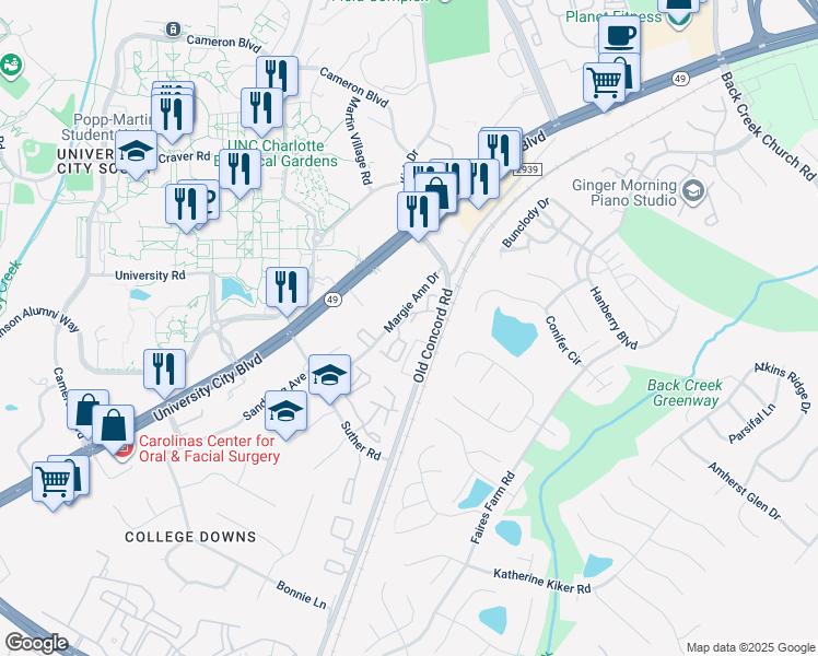 map of restaurants, bars, coffee shops, grocery stores, and more near 1630 Arlyn Circle in Charlotte