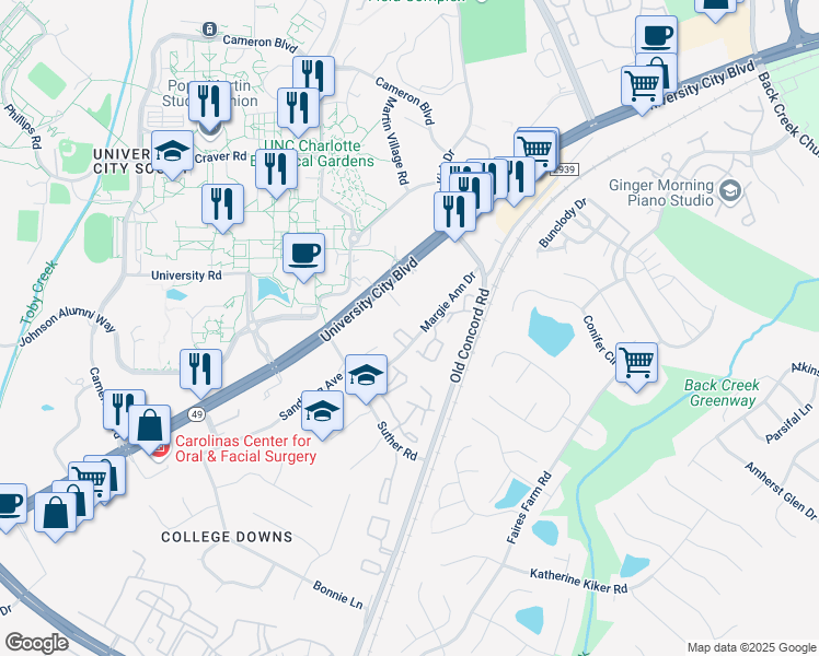 map of restaurants, bars, coffee shops, grocery stores, and more near 1600 Arlyn Circle in Charlotte
