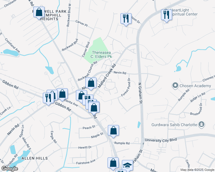 map of restaurants, bars, coffee shops, grocery stores, and more near 6007 Bennettsville Lane in Charlotte