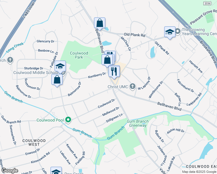 map of restaurants, bars, coffee shops, grocery stores, and more near 1911 Valleydale Road in Charlotte
