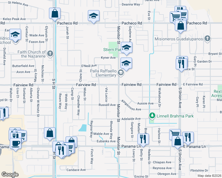 map of restaurants, bars, coffee shops, grocery stores, and more near 1000 Guiseppe Court in Bakersfield
