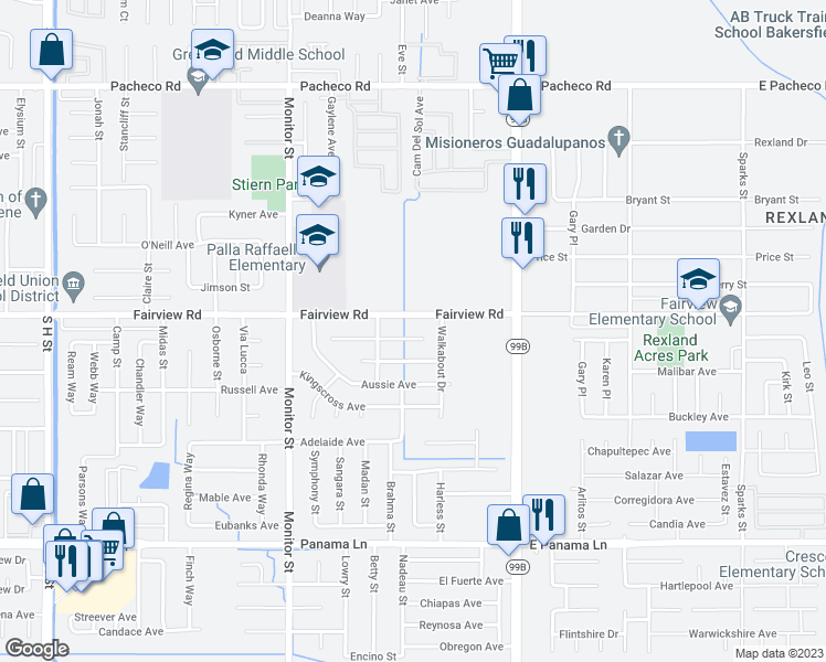map of restaurants, bars, coffee shops, grocery stores, and more near 412 Jumbuck Lane in Bakersfield