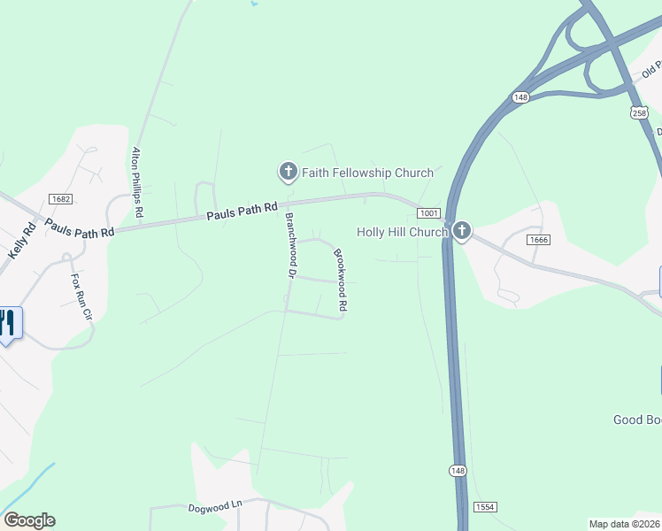 map of restaurants, bars, coffee shops, grocery stores, and more near 2656 Brookwood Road in Kinston