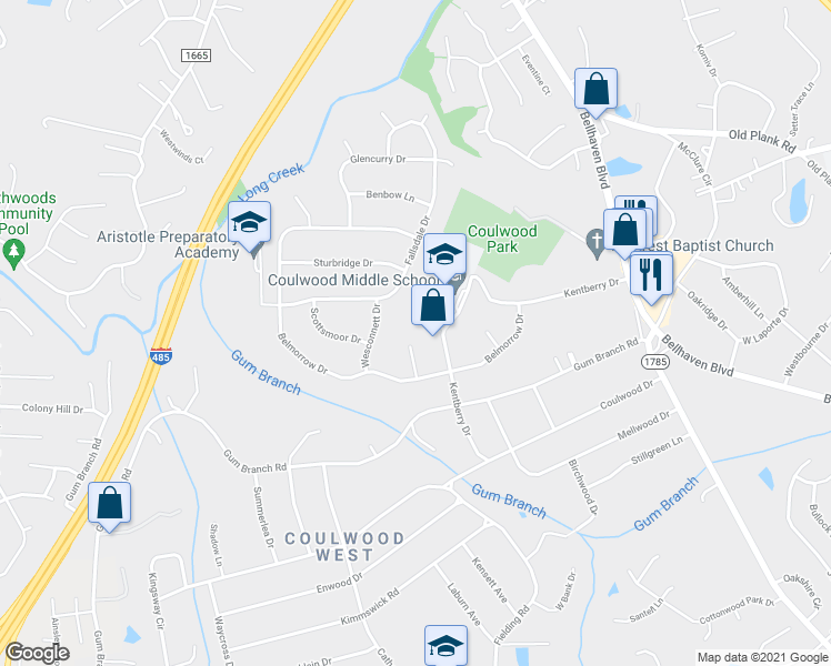 map of restaurants, bars, coffee shops, grocery stores, and more near 140 Chanticleer Court in Charlotte