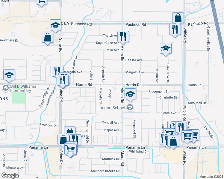 map of restaurants, bars, coffee shops, grocery stores, and more near 5718 Stacey Street in Bakersfield