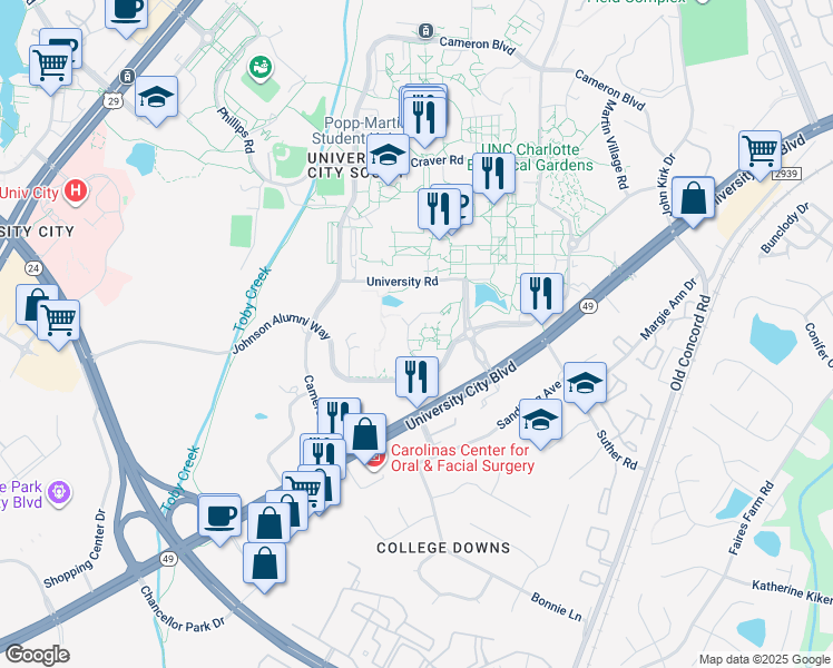 map of restaurants, bars, coffee shops, grocery stores, and more near 9201 Johnson Alumni Way in Charlotte