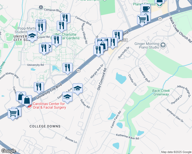 map of restaurants, bars, coffee shops, grocery stores, and more near 1630 Arlyn Circle in Charlotte