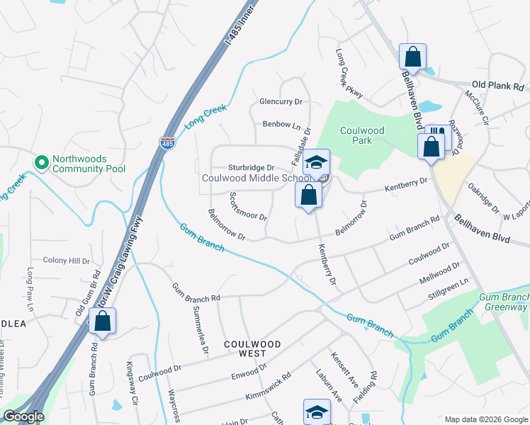 map of restaurants, bars, coffee shops, grocery stores, and more near 205 Wesconnett Drive in Charlotte