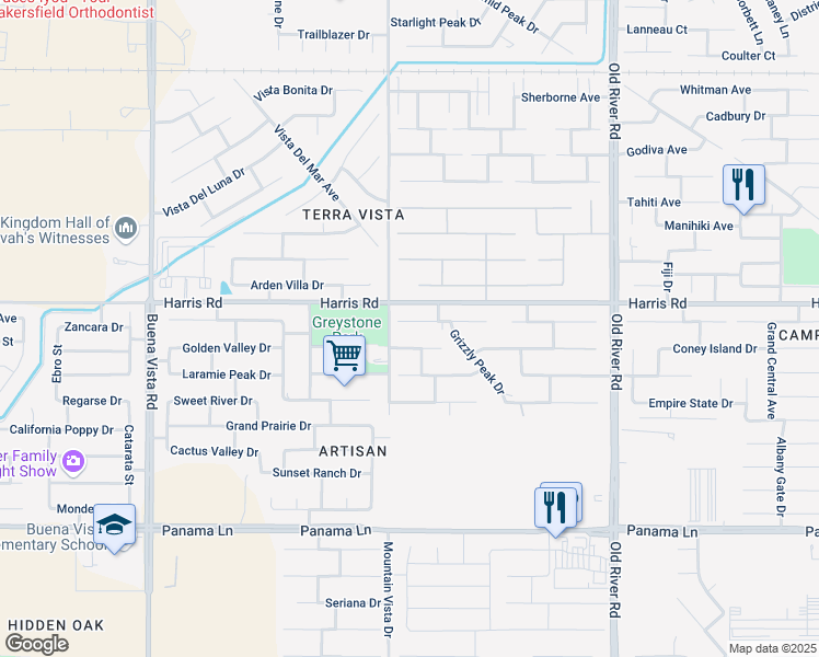 map of restaurants, bars, coffee shops, grocery stores, and more near 10405 Sirretta Peak Place in Bakersfield