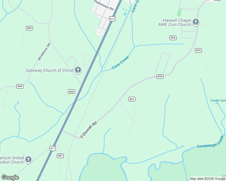 map of restaurants, bars, coffee shops, grocery stores, and more near 556 County Road 890 in Etowah