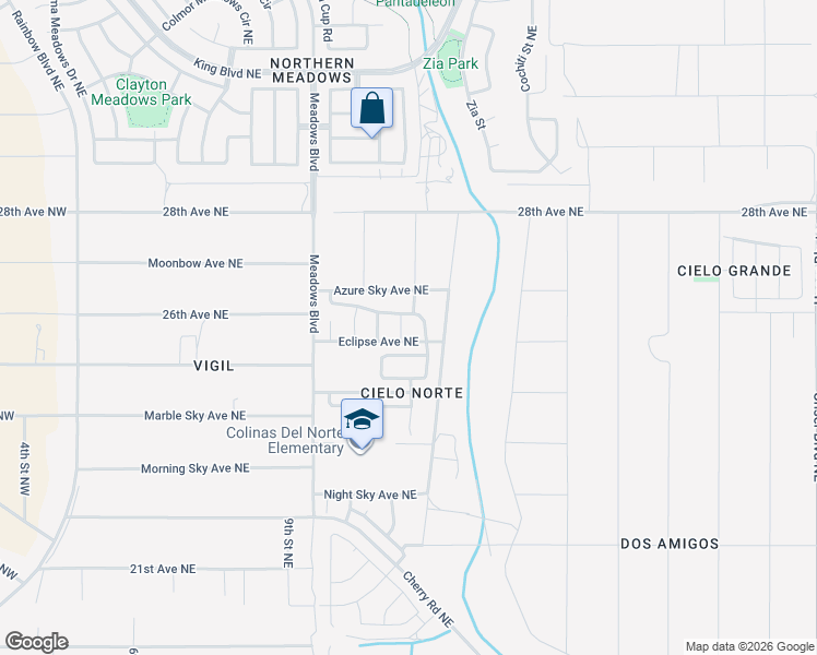 map of restaurants, bars, coffee shops, grocery stores, and more near 2704 Moonglow Drive Northeast in Rio Rancho