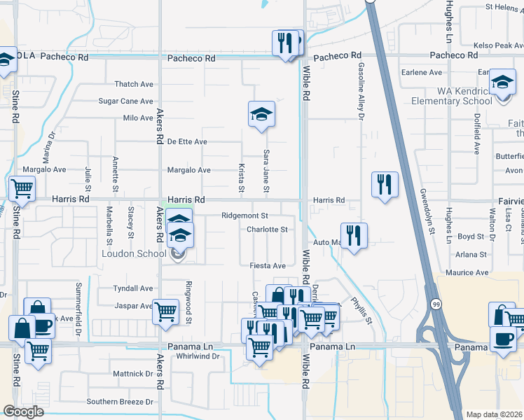 map of restaurants, bars, coffee shops, grocery stores, and more near 3504 Ridgemont Street in Bakersfield