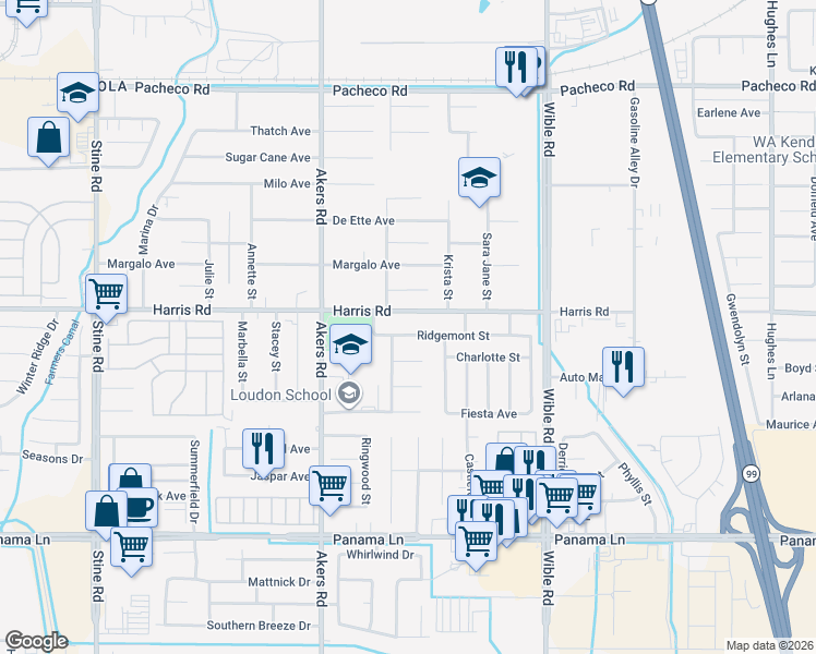 map of restaurants, bars, coffee shops, grocery stores, and more near 3710 Ridgemont Street in Bakersfield