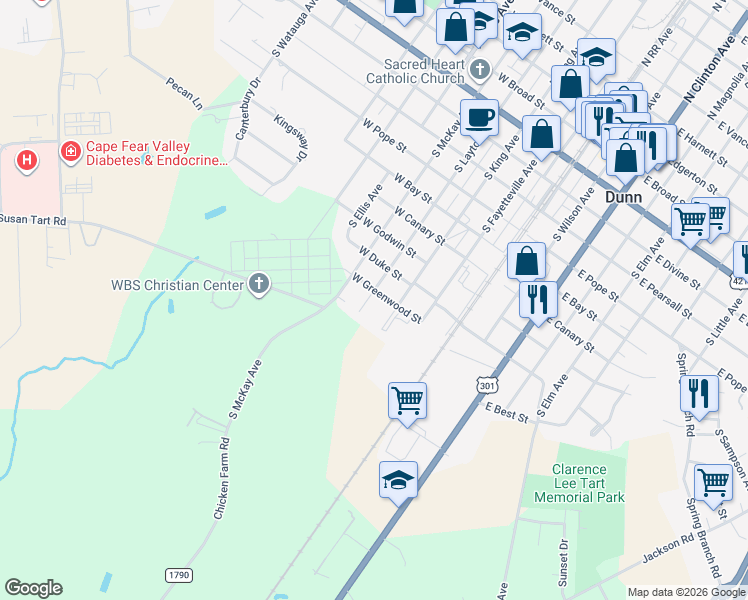 map of restaurants, bars, coffee shops, grocery stores, and more near 1001 South Layton Avenue in Dunn