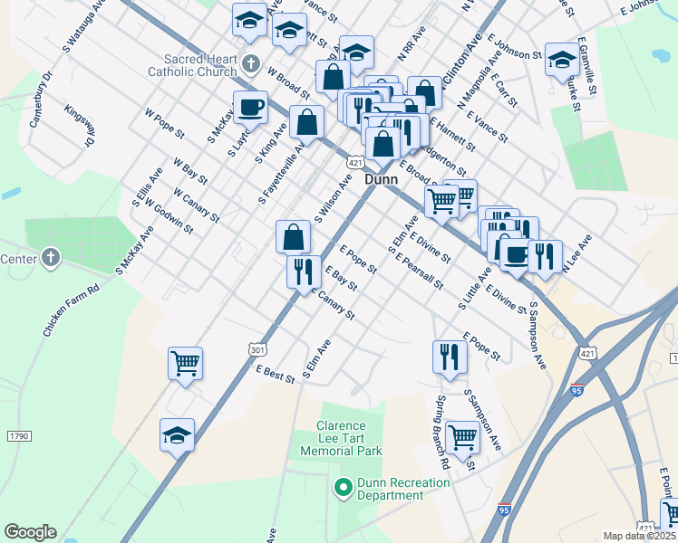map of restaurants, bars, coffee shops, grocery stores, and more near 511 South Magnolia Avenue in Dunn