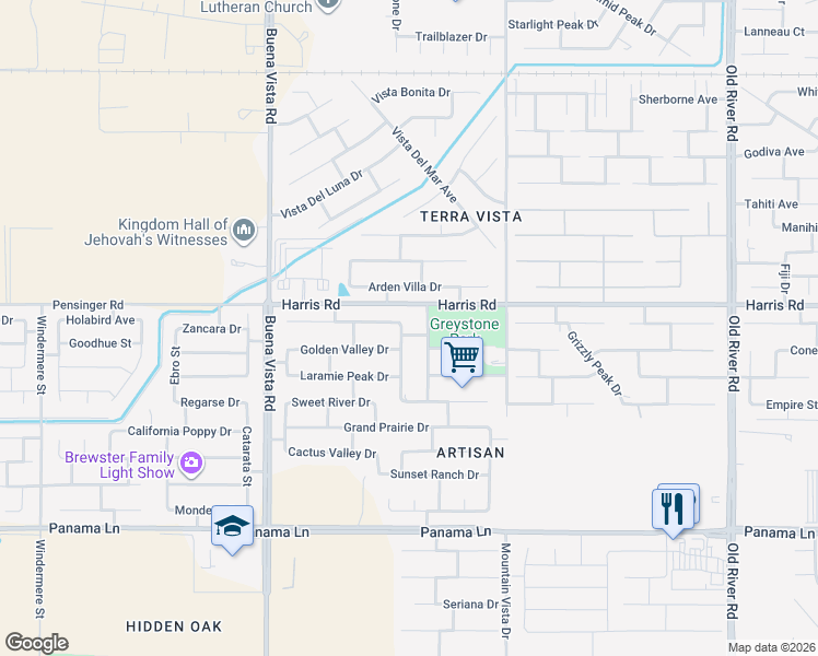 map of restaurants, bars, coffee shops, grocery stores, and more near 5704 Grass Creek Drive in Bakersfield