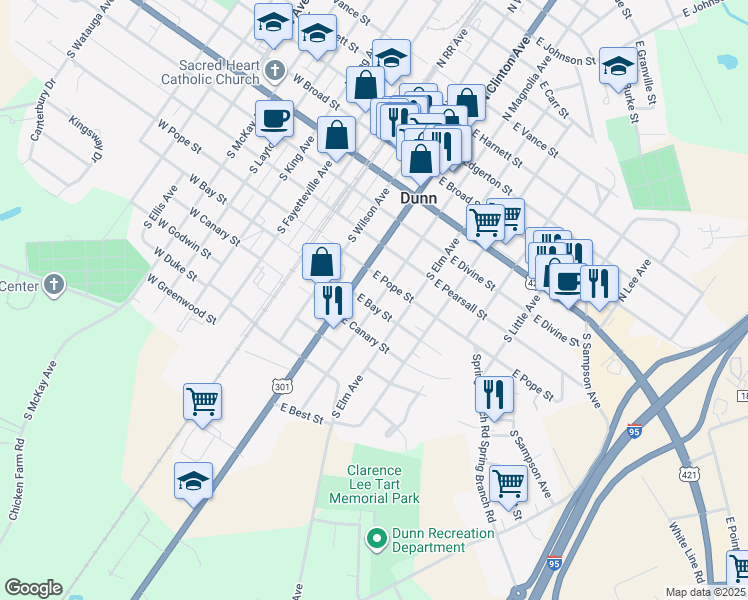 map of restaurants, bars, coffee shops, grocery stores, and more near 511 South Magnolia Avenue in Dunn