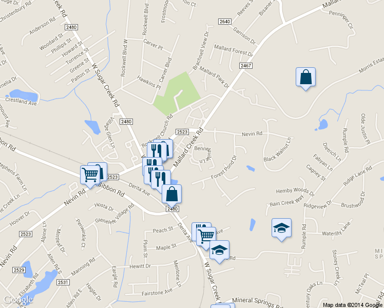 map of restaurants, bars, coffee shops, grocery stores, and more near 6001 Bennetsville Lane in Charlotte