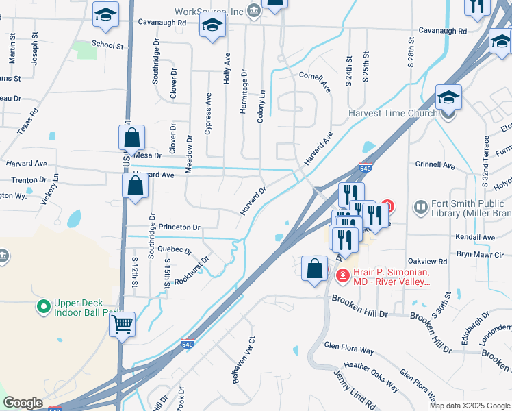 map of restaurants, bars, coffee shops, grocery stores, and more near 8617 Harvard Drive in Fort Smith