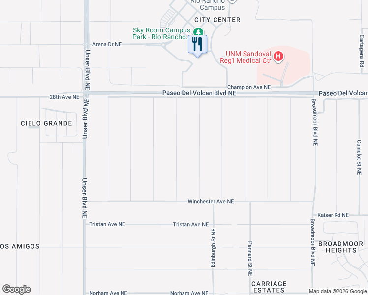 map of restaurants, bars, coffee shops, grocery stores, and more near 2627 Dunster Street Northeast in Rio Rancho