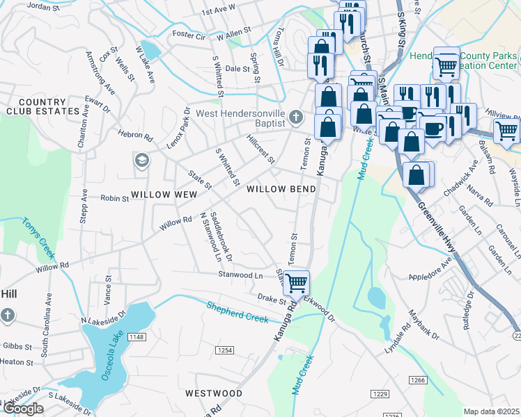 map of restaurants, bars, coffee shops, grocery stores, and more near 1235 Pine Springs Drive in Hendersonville