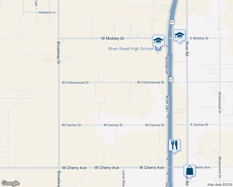 map of restaurants, bars, coffee shops, grocery stores, and more near 127 West Cottonwood Avenue in Amarillo