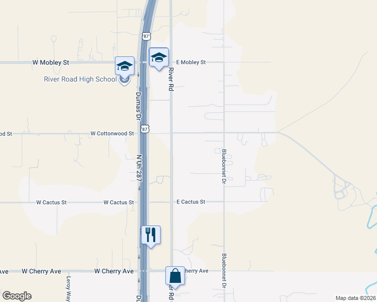 map of restaurants, bars, coffee shops, grocery stores, and more near 8614 River Road in Amarillo