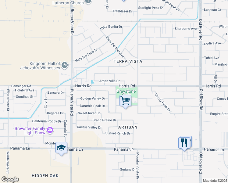 map of restaurants, bars, coffee shops, grocery stores, and more near 5704 Grass Creek Drive in Bakersfield