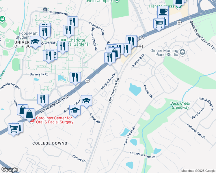 map of restaurants, bars, coffee shops, grocery stores, and more near 1630 Arlyn Circle in Charlotte