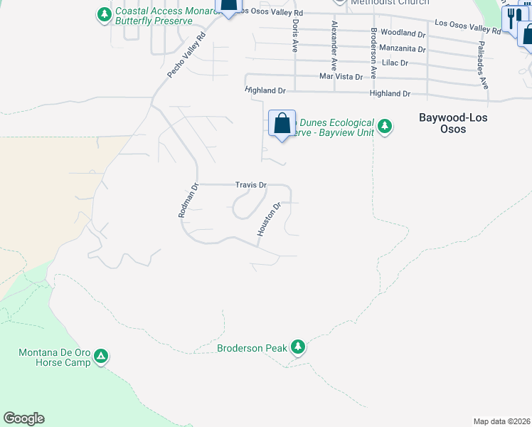 map of restaurants, bars, coffee shops, grocery stores, and more near 2741 Houston Drive in Baywood-Los Osos