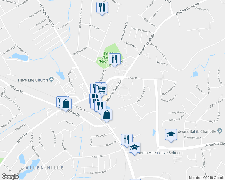 map of restaurants, bars, coffee shops, grocery stores, and more near 6374 Mallard View Lane in Charlotte