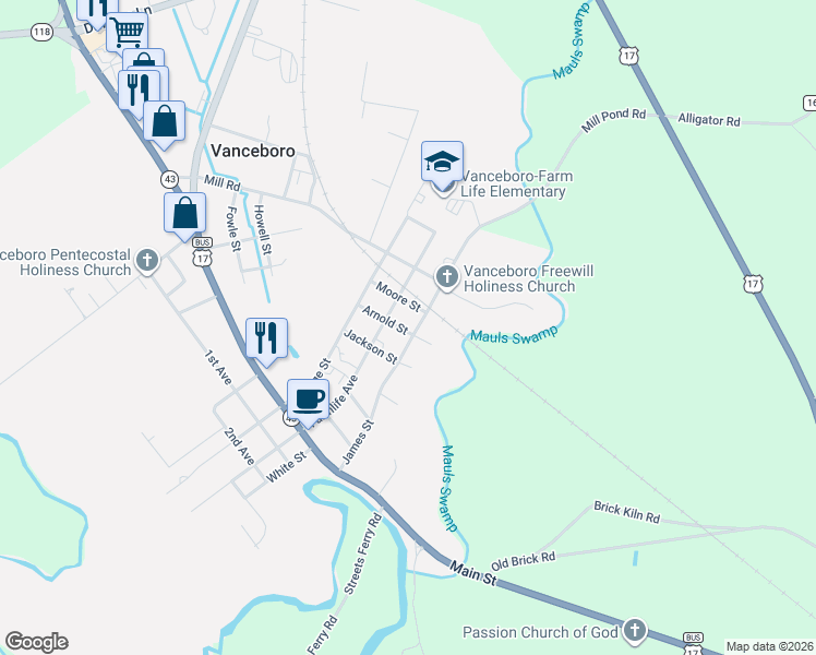 map of restaurants, bars, coffee shops, grocery stores, and more near 306 Mill Avenue in Vanceboro