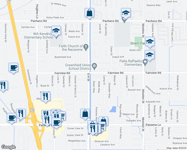 map of restaurants, bars, coffee shops, grocery stores, and more near 1609 Fairview Road in Bakersfield