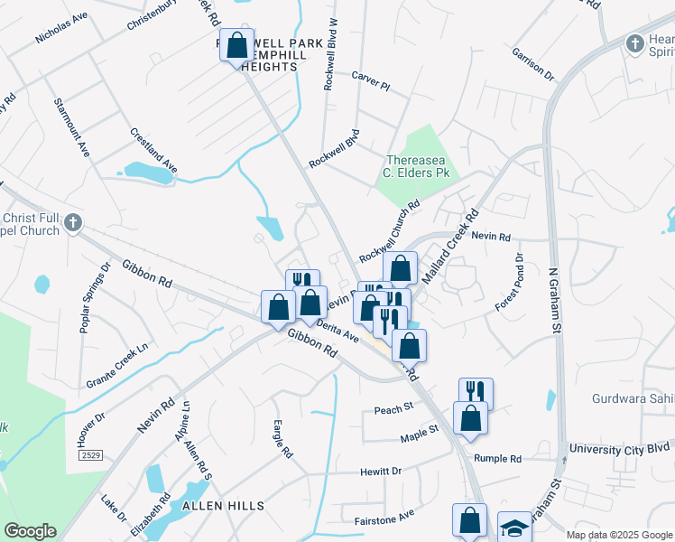map of restaurants, bars, coffee shops, grocery stores, and more near 3039 Nevin Place Drive in Charlotte