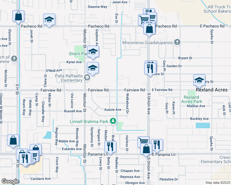 map of restaurants, bars, coffee shops, grocery stores, and more near 412 Jumbuck Lane in Bakersfield