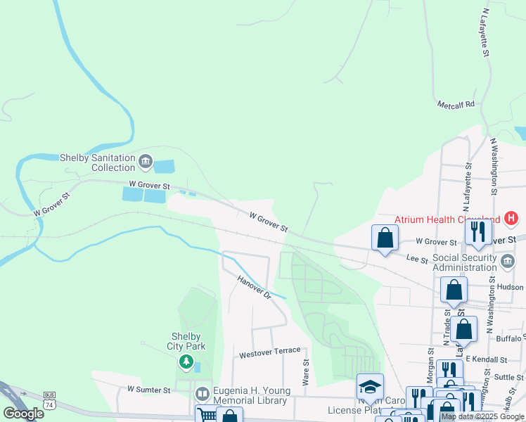 map of restaurants, bars, coffee shops, grocery stores, and more near 514 West Grover Street in Shelby