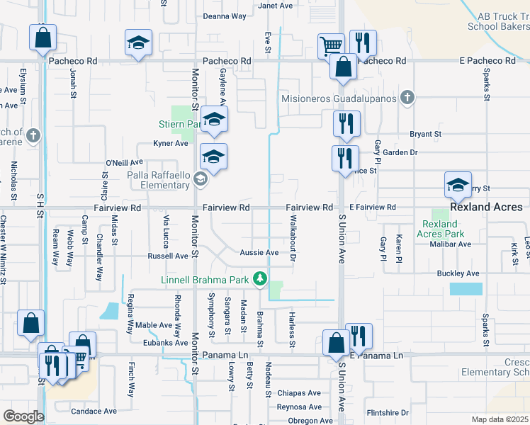map of restaurants, bars, coffee shops, grocery stores, and more near 412 Jumbuck Lane in Bakersfield