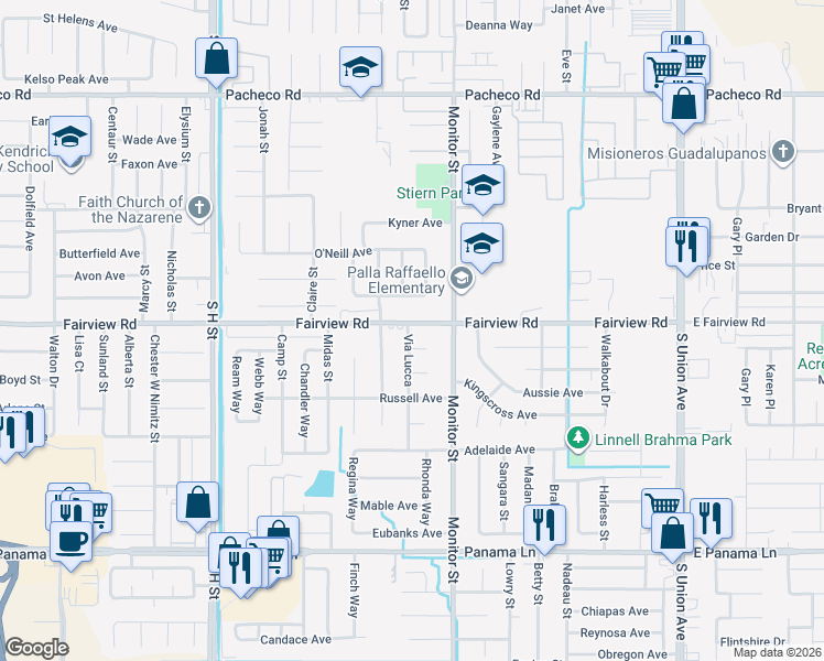 map of restaurants, bars, coffee shops, grocery stores, and more near 1000 Guiseppe Court in Bakersfield