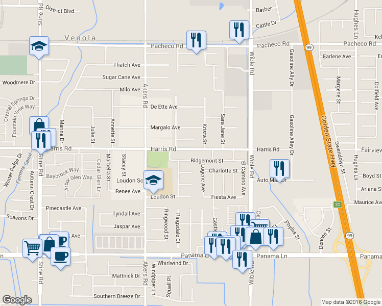 map of restaurants, bars, coffee shops, grocery stores, and more near 3710 Ridgemont Street in Bakersfield